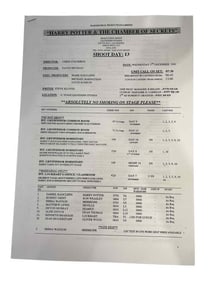 Harry Potter and the Chamber of Secrets (2002) - Call Sheet