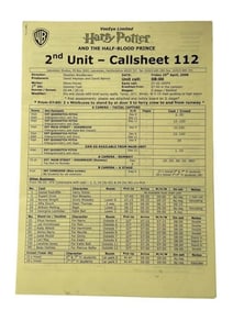 Harry Potter and the Half-Blood Prince (2009) - Original Call Sheet 2nd Unit