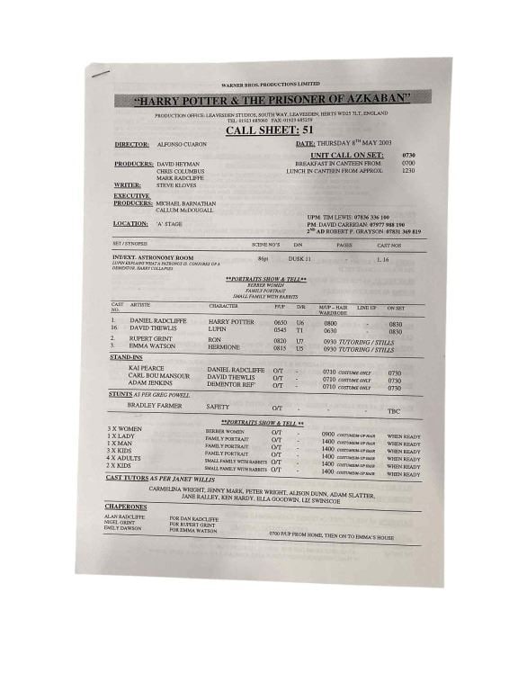 Harry Potter and the Prisoner of Azkaban (2004) - Call Sheet (1 of 2)