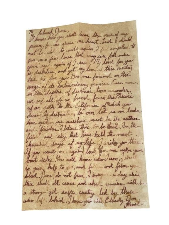 Jane Got a Gun (2015) - Natalie Portman Letter: Jane Got a Gun (2015) - Natalie Portman Letter.Measuring 5 1/2" x 8 1/2".Original letter to Jane Hammond (Natalie Portman) from her husband used in the production of the Gavin O'Connor directed wester