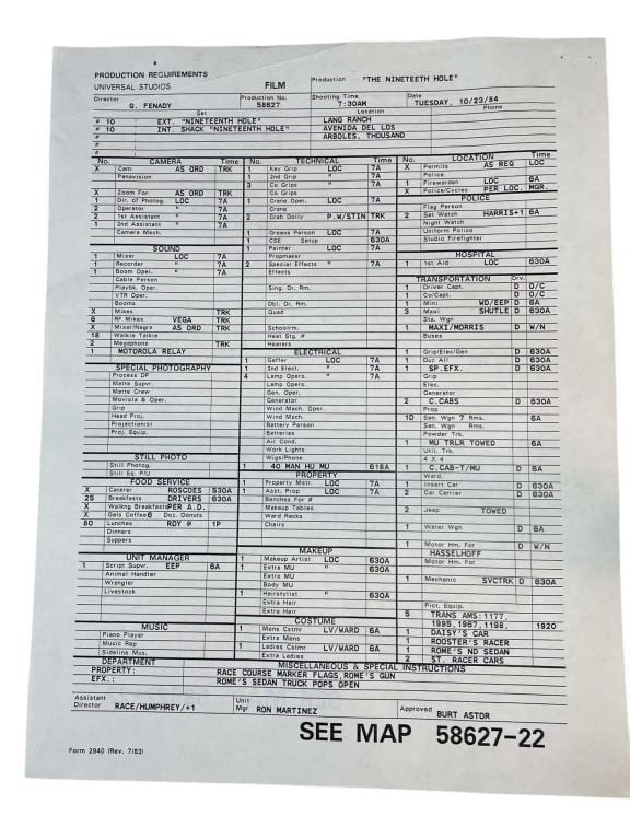 Knight Rider (1982 1986) - The Nineteenth Hole 1984 Call Sheet - David Hasselhof: Knight Rider (1982 1986) - The Nineteenth Hole 1984 Call Sheet - David HasselhoffDated Oct 23rd 1984.Action crime drama television series created and produced by Glen A. Larson. The series was origina