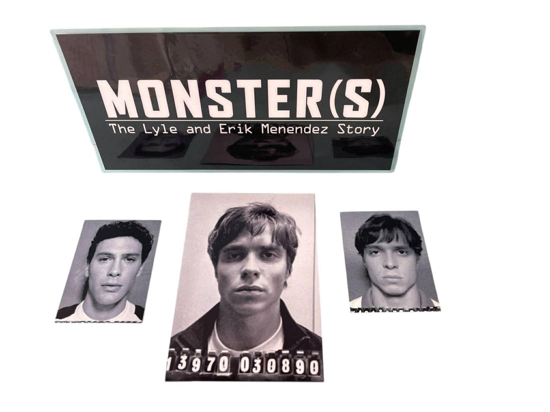 Monsters: The Lyle and Erik Menendez Story (2022-) - Menendez Brothers Mug Shots + Parking Pass: Monsters: The Lyle and Erik Menendez Story (2022-) - Menendez Brothers Mug Shots + Parking Pass.Biggest photo measures 5" x 7".Original set of 3 mug shots of the Menendez Brothers along with a crew pa