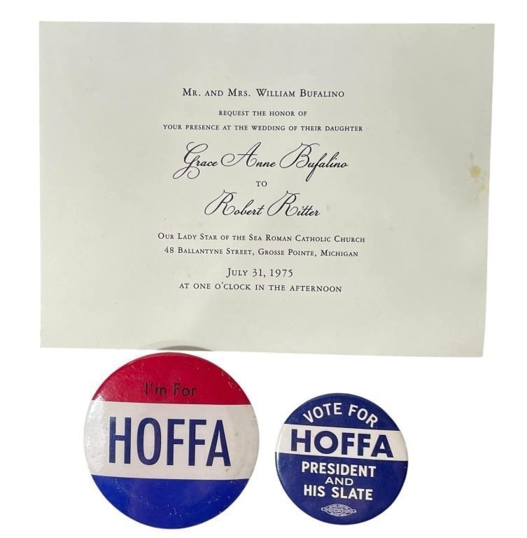 The Irishman (2019) - Wedding Invitation and Hoffa Badges: The Irishman (2019) - Wedding Invitation and Hoffa Badges.Measuring 5 1/2" x 7 1/2" (Card).Original wedding invitation and Hoffa badges from the Martin Scorsese directed gangster film 'The Irishman' (