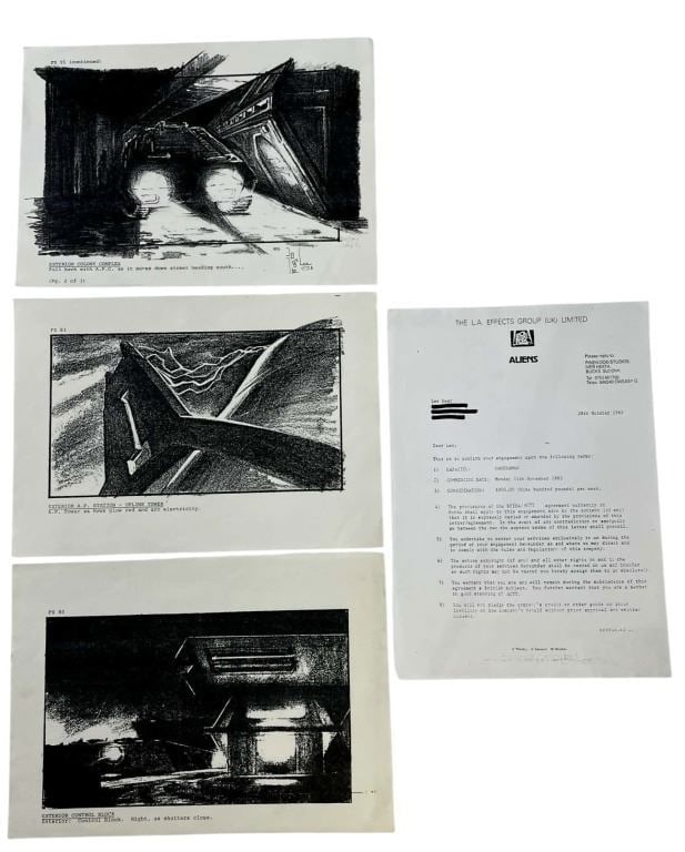 Aliens (1986) - Storyboard Lot + Cameraman Letter: Aliens (1986) - Storyboard Lots Plus Cameraman Letter.Measuring 8 1/2" x 11" each.Original set of 3 production used storyboards (prints) along with a letter to a cameraman from the James Cameron