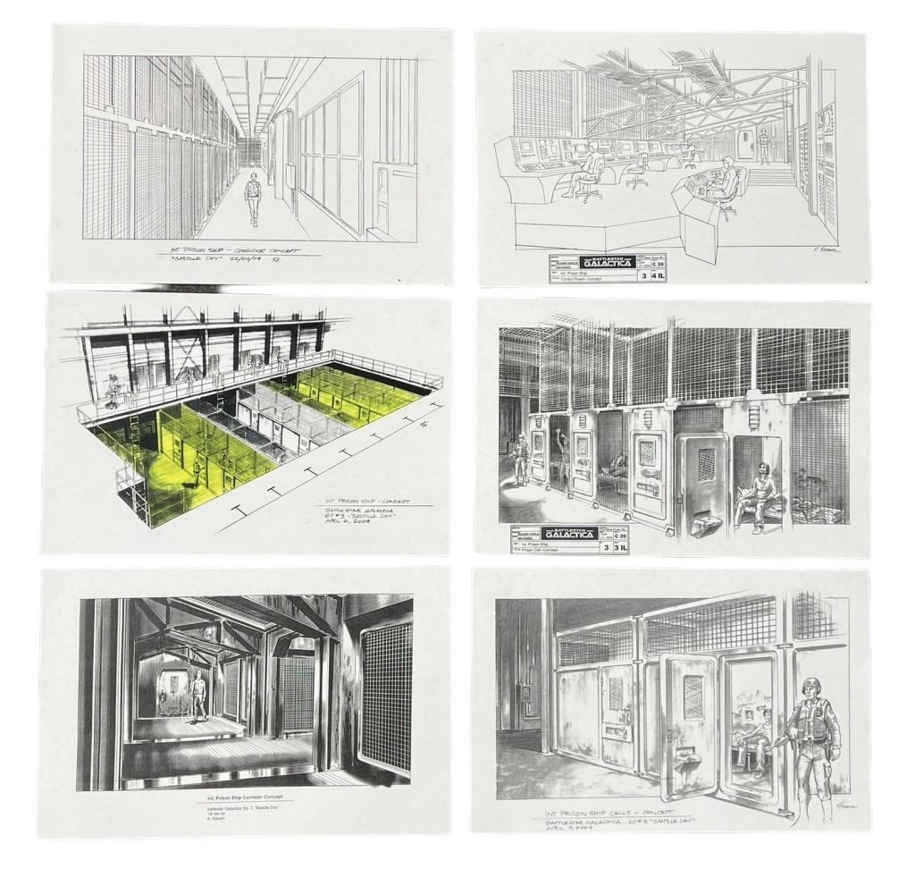 Battlestar Galactica (2004 - 2009) - Artwork - Prison Ship Set: Battlestar Galactica (2004-2009) - Artwork - Prison Ship Set.Original production used artwork collection set of 6 (Prints) for "Prison Ship" used in the science fiction television series Battlestar Ga