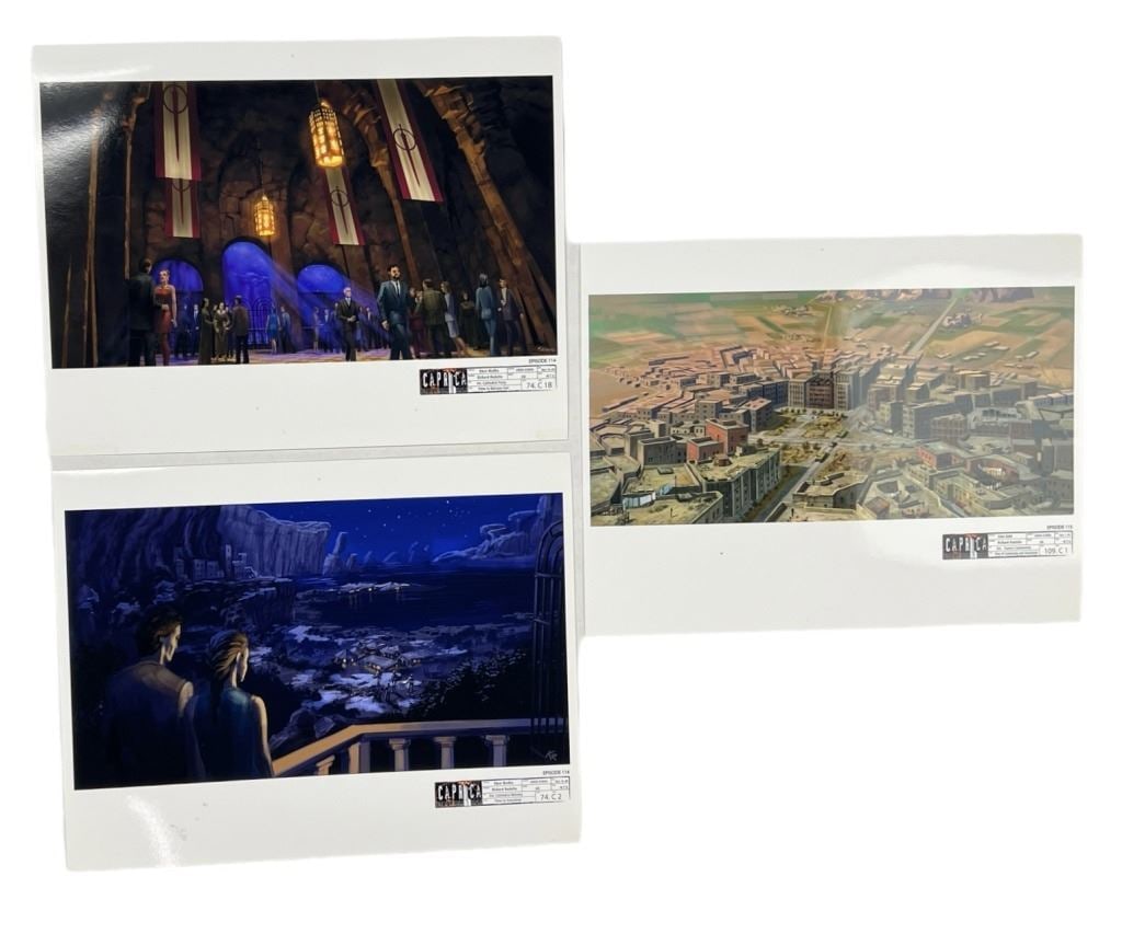 Battlestar Galactica Caprica (2009-2010) - Concept Artwork (x3): Caprica (2009-2010) - Concept Artwork (x3).Original production used concept artwork collection set of 3 (Prints) used on the science fiction drama television series 'Caprica' (2009-2010), A spin-off p