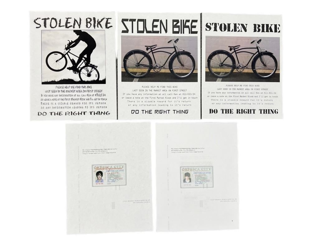Battlestar Galactica Caprica (2009-2010) - Divers license and Bike Flyer Props: Caprica (2009-2010) - Divers license and Bike Flyer Props.Original production made set of 5 prop unsued paper props including 3 'Stolen Bike' flyers and two driver licences used on the science