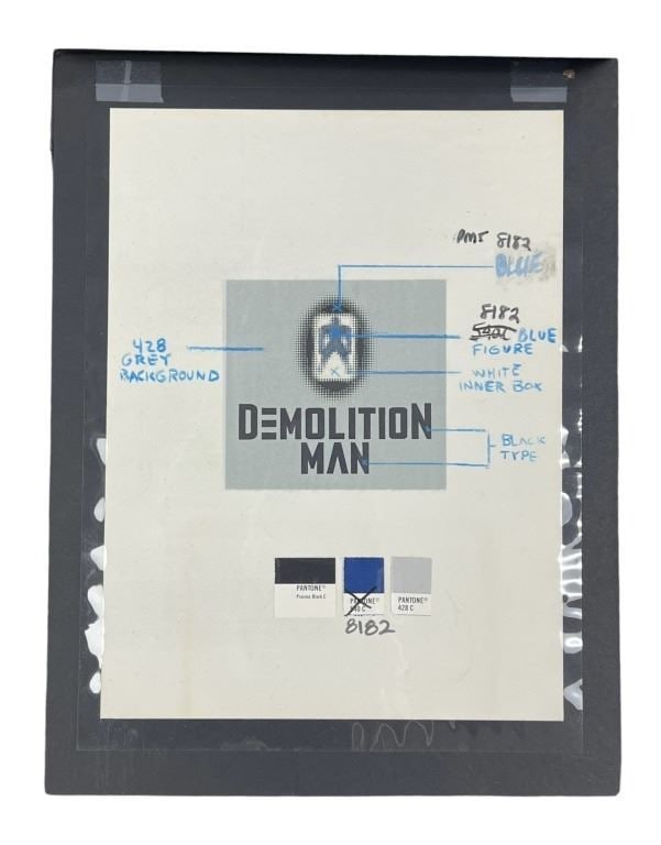 Demolition Man (1993) - Concept Color Comps Logo Design With Hand Drawn Notes (From Joel Silver): Demolition Man (1993) - Concept Color Comps Logo Design With Hand Drawn Notes (Owned by Producer Joel Silver).Measuring 11"x17". From Concept Art Studios.Top layer is a see through transparency that f