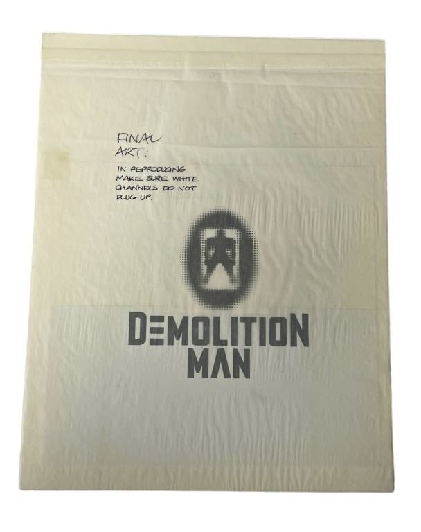 Demolition Man (1993) - Concept Logo Design With Hand Drawn Notes (Owned by Producer Joel Silver): Demolition Man (1993) - Concept Logo Design With Hand Drawn Notes (Owned by Producer Joel Silver).Measuring 11"x17". Dated 1-28-93. From Concept Art Studios.Final art logo design with hand drawn notes
