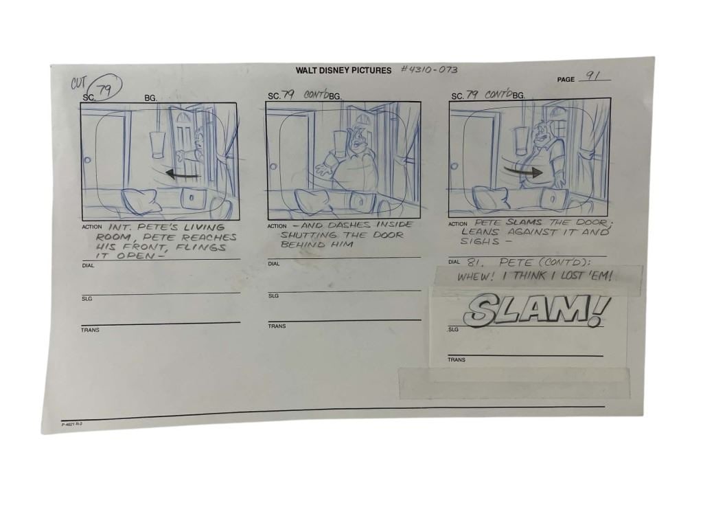 Disney - Peg Leg Pete Hand Drawn Storyboards: Disney - Peg Leg Pete Hand Drawn Storyboards.Measuring 8 1/2" x 14".Hand drawn storyboard pencil sheet for a Disney animated television show.
