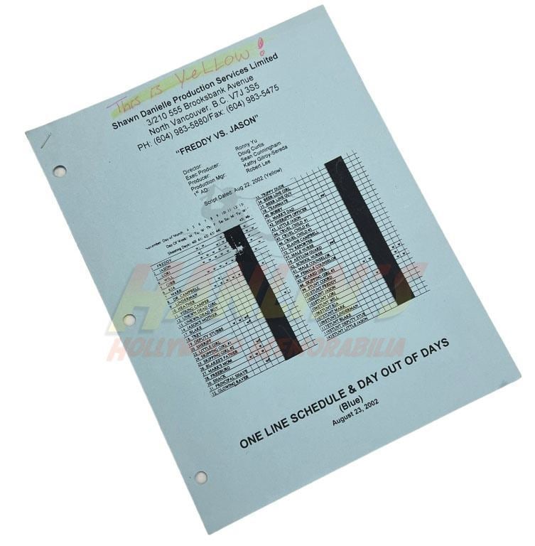 Freddy vs. Jason (2003) - Complete Shooting Schedule (10 pages): Freddy vs. Jason (2003) - Complete Shooting Schedule.Originally from the Bill Terezakis (special makeup effects artist) estate.Original and complete shooting schedule (10 pages) used in the production