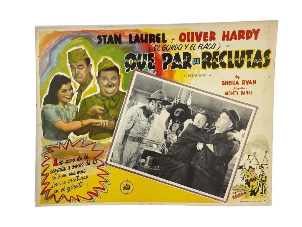 Laurel and Hardy - Great Guns (1941) - Que Par De Reclutas Lobby Card: Original Mexican lobby card for the Monty Banks directed comedy film 'Great Guns' (1941), where Laurel and Hardy join the army. They are hardly soldiers, but they believe their employer will need them