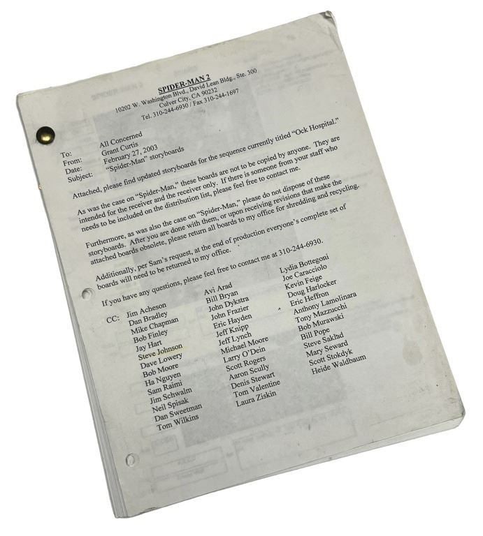 Spider-Man 2 (2004) - Storyboard Shooting Sequence "Ock Hospital" (From Steve Johnson): Spider-Man 2 (2004) - Storyboard Shooting Sequence "Ock Hospital" (From Steve Johnson).These are production copies - 33 double sided pages originally belonging to acclaimed special effects artist
