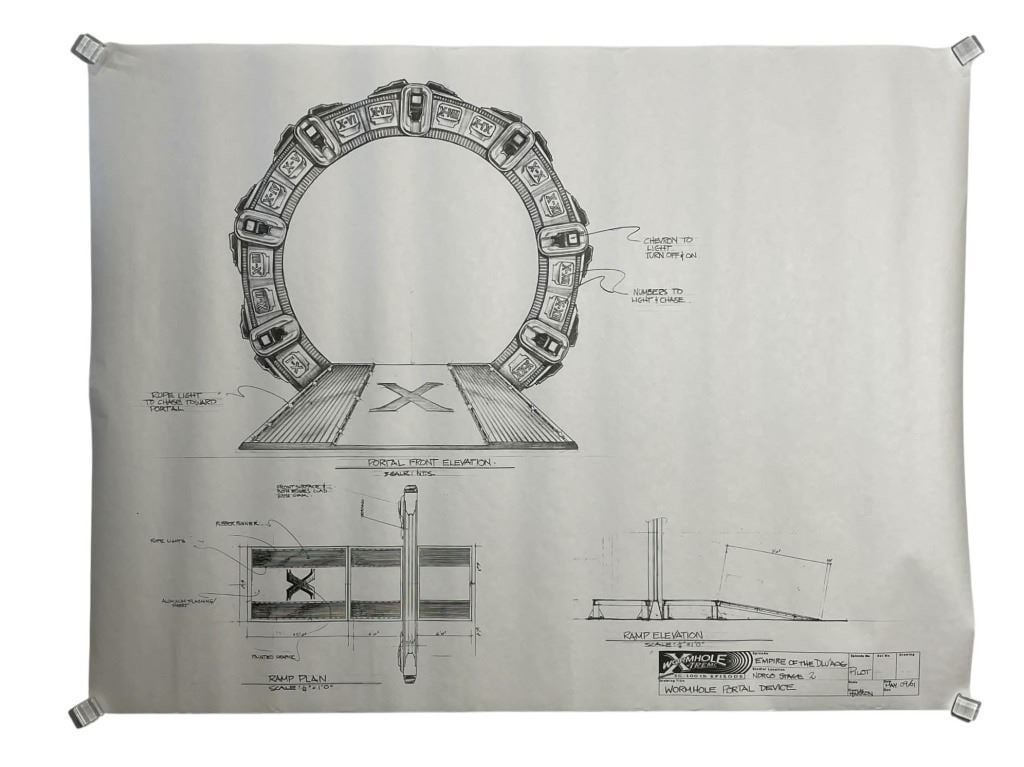 Stargate SG-1 (1997-2007) - Production Blueprint "Wormhole Portal Device" Season 5: Stargate SG-1 (1997-2007) - Production Blueprint "Wormhole Portal Device" Season 5.Measuring 18" x 24".From episode S5.E12 [x=#8729/] Wormhole X-Treme!Original production blueprint from the episode
