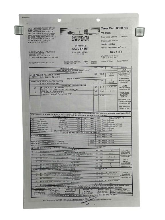 Supernatural (2005 - 2020) - Call Sheet Episode "LOTUS": Supernatural (2005 - 2020) - Call Sheet Episode "LOTUS".Comes with a COA co-signed by the show's prop fabricator.Original call sheet used on the long running television series 'Supernatural' (2005 -