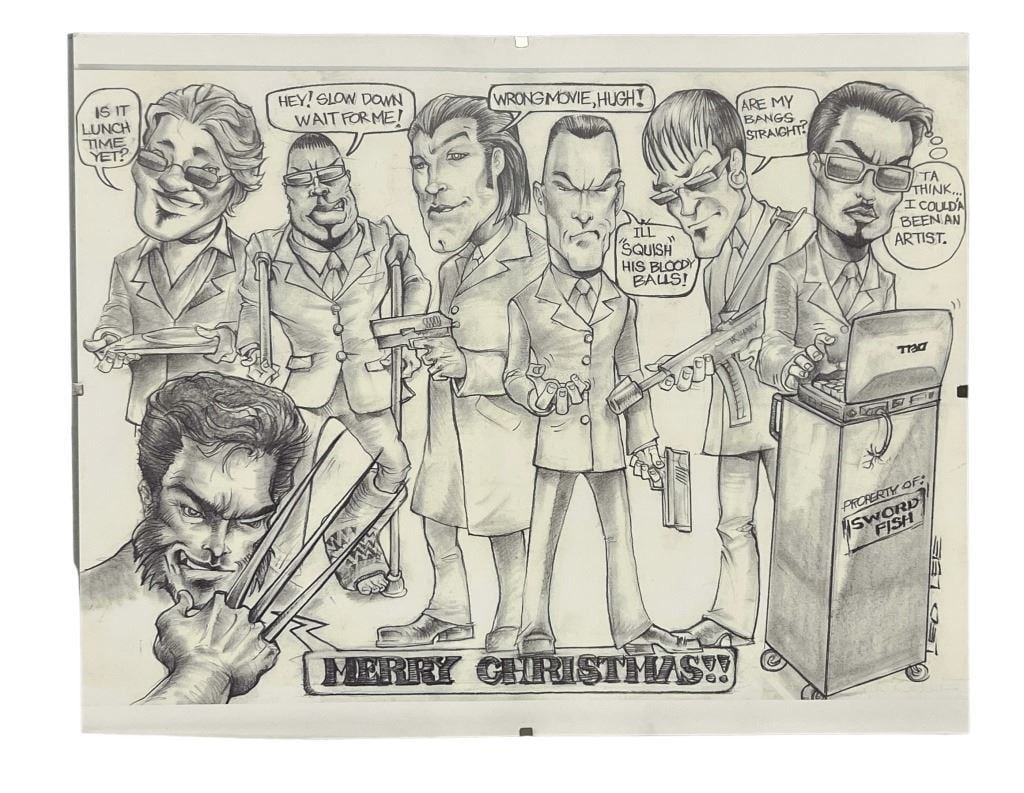 Swordfish (2001) - Caricature Artwork: Swordfish (2001) - Caricature Artwork (Print).Drawn by internationally recognized artist Ted Lee.Measuring 11"x14".This lot was originally from the Joel Silver collection who was the films producer.Ca