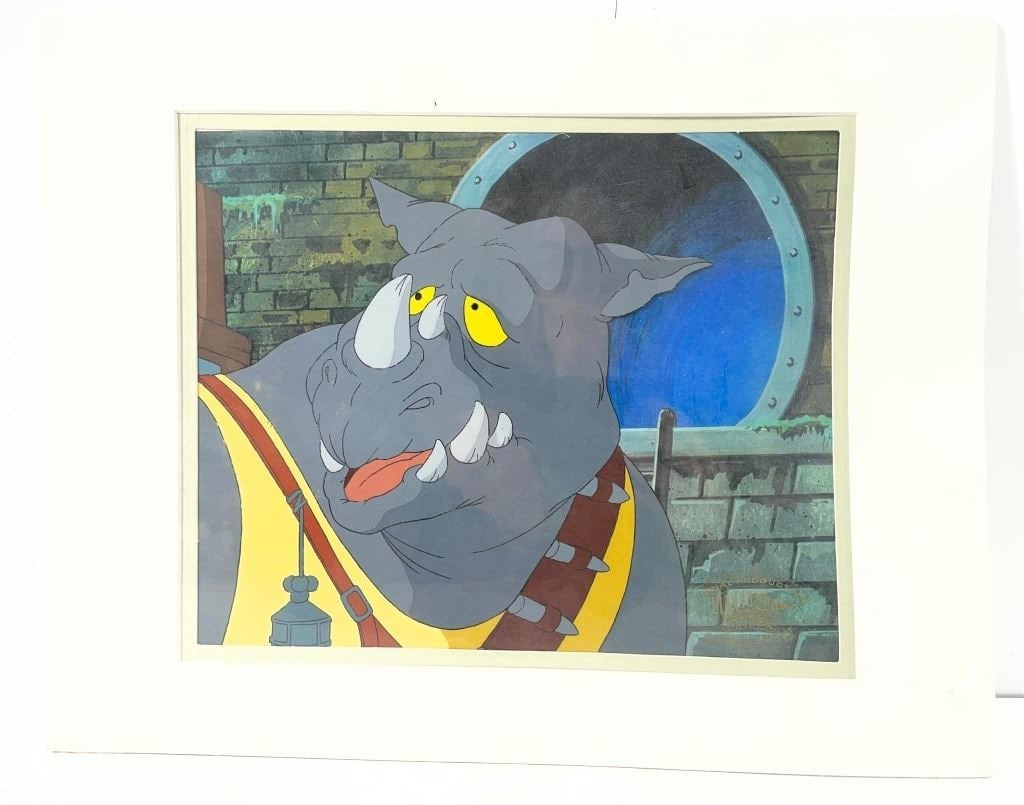 Teenage Mutant Ninja Turtles (1987[x=#8211/]1996) - Rocksteady Handpainted Animation Cel: Teenage Mutant Ninja Turtles (1987[x=#8211/]1996) - Rocksteady Handpainted Animation Cel.Measuring 11" x 14".Original hand painted animation cel used on the production of the Kevin Eastman and Peter