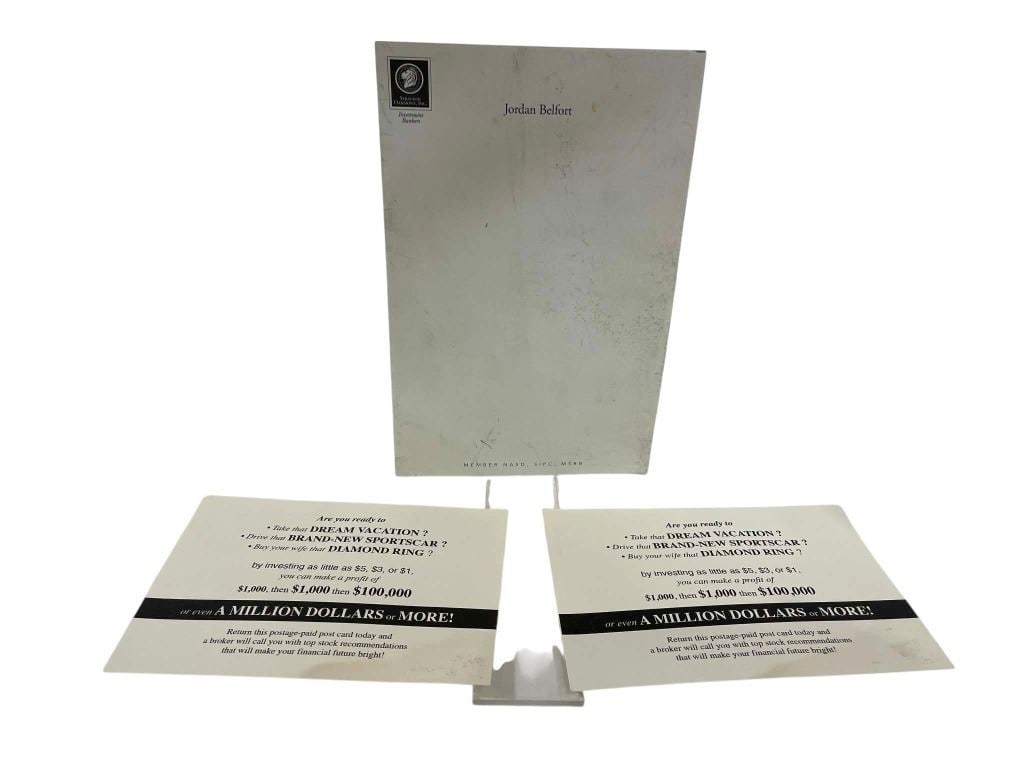 The Wolf of Wall Street (2013) - Jordan Belfort (Leonardo DiCaprio) Letterhead and Paperwork: The Wolf of Wall Street (2013) - Jordan Belfort (Leonardo DiCaprio) Letterhead and Paperwork.Letterhead measuring 6" x 9".Original collection of props including a Jordan Belfort (Leonardo DiCaprio) le