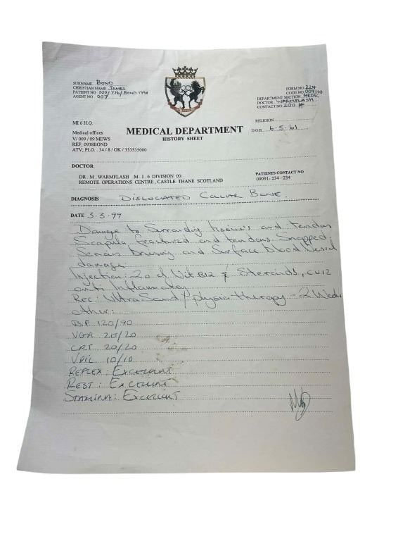 The World is Not Enough (1999) - James Bond (Pierce Brosnan) Prop Medical File: The World is Not Enough (1999) - James Bond (Pierce Brosnan) Prop Medical File.Measuring 8 1/2" x 11".Original prop prop medical file for James Bond used by Dr. Molly Warmflash (Serena Scott Thomas)