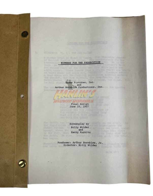 Witness for the Prosecution (1957) - Original Script (From Joel Silver): Witness for the Prosecution (1957) - Original Script (From Joel Silver).This script belonged to acclaimed producer Joel Silver.Original final script from the production of the Billy Wilder directed le