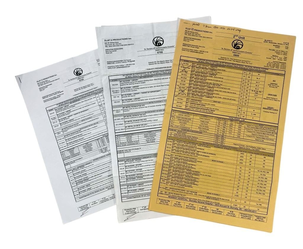 A Series of Unfortunate Events (2017-2019) - Call Sheet Collection: A Series of Unfortunate Events (2017-2019) - Call Sheet Collection.Original call sheet collection used in the Mike Flanagan directed black comedy-drama television series 'A Series of Unfortunate
