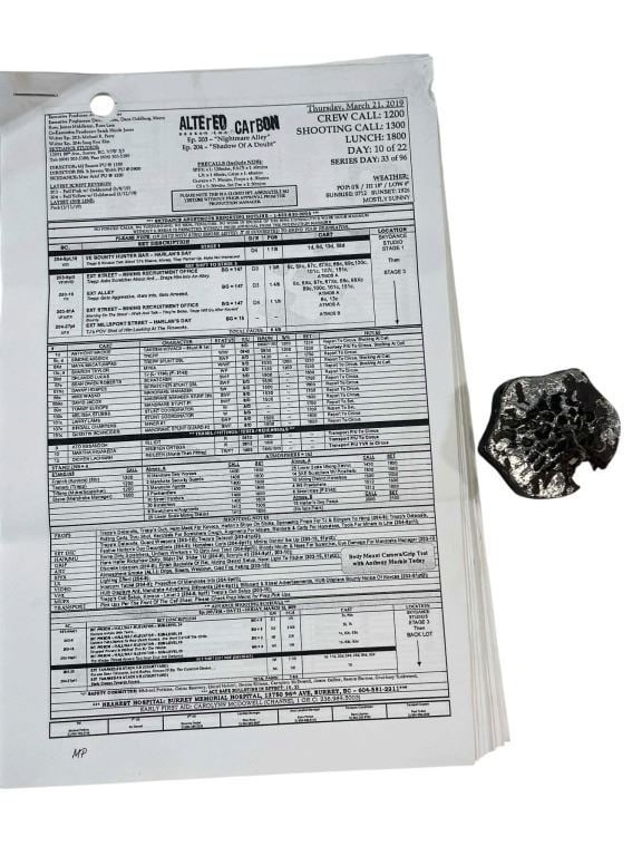 Altered Carbon (2018 - 2020) - Prop Cortical Stack & Call Sheets: Altered Carbon (2018 - 2020) - Prop Cortical Stack & Call Sheets.Original call sheets used on the cyberpunk television series 'Altered Carbon' (2018 - 2020), based on the 2002 novel of the same title