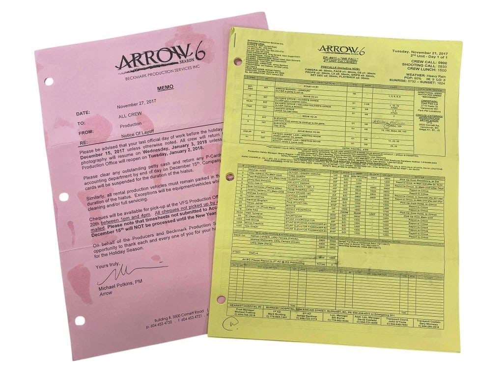 Arrow (2012-2020) - Call Sheet And Crew Memo: Arrow (2012-2020) - Call Sheet And Crew Memo.Original call sheet/memo used on the superhero television series 'Arrow' (2012-2020), which follows billionaire playboy Oliver Queen (Stephen Amell), who