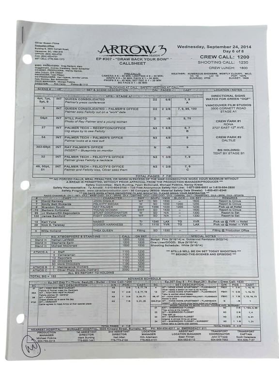 Arrow (2012-2020) - Call Sheet With Hand Written Annotations: Arrow (2012-2020) - Call Sheet With Hand Written Annotations.Original call sheet/side with hand written annotations used on the superhero television series 'Arrow' (2012-2020), which follows