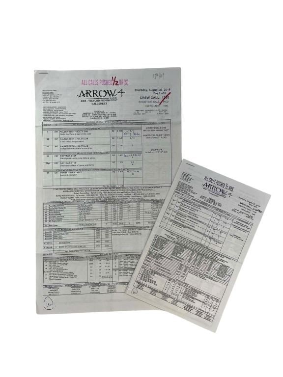 Arrow (2012-2020) - Season 4 Call Sheet: Arrow (2012-2020) - Season 4 Call Sheet.Original call sheet/side with hand written annotations used on the superhero television series 'Arrow' (2012-2020), which follows billionaire playboy Oliver Que