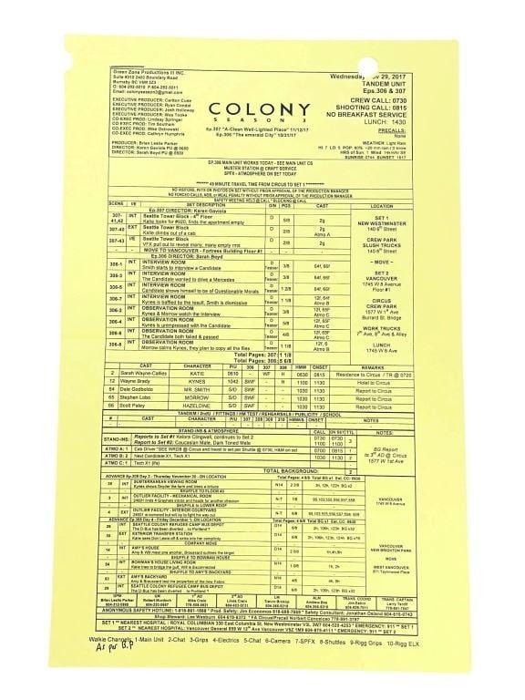Colony (2016[x=#8211/]2018) - Call Sheet (1 of 2)