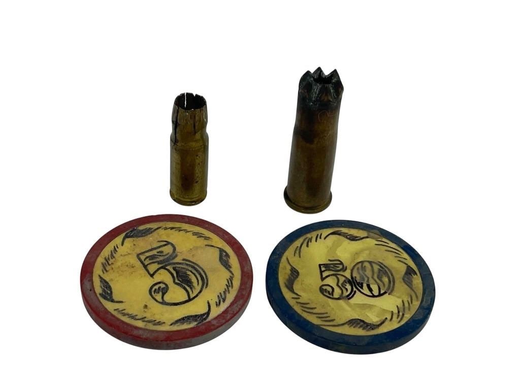 Cowboys & Aliens (2011) - Casino Chips & Harrison Ford Fired Bullets: Cowboys & Aliens (2011) - Casino Chips & Harrison Ford Fired Bullets.Original set of 2 casino chips & 2 Harrison Ford fired bullets used in the production of the Jon Favreau directed science fiction