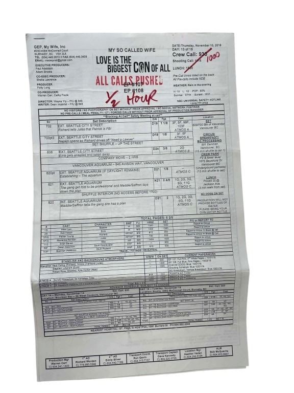 Imposters (2017[x=#8211/]2018) - Call Sheet: Imposters (2017[x=#8211/]2018) - Call Sheet.Original call sheet (2 sheets) with hand annotations used on the dark comedy television series 'Imposters' (2017[x=#8211/]2018), which follows con artist