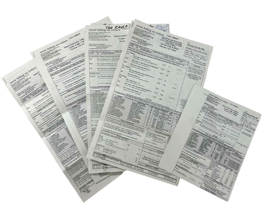 Snow Falling on Cedars (1999) - Call Sheet Collection (Ethan Hawke Stand-In) (1 of 2)