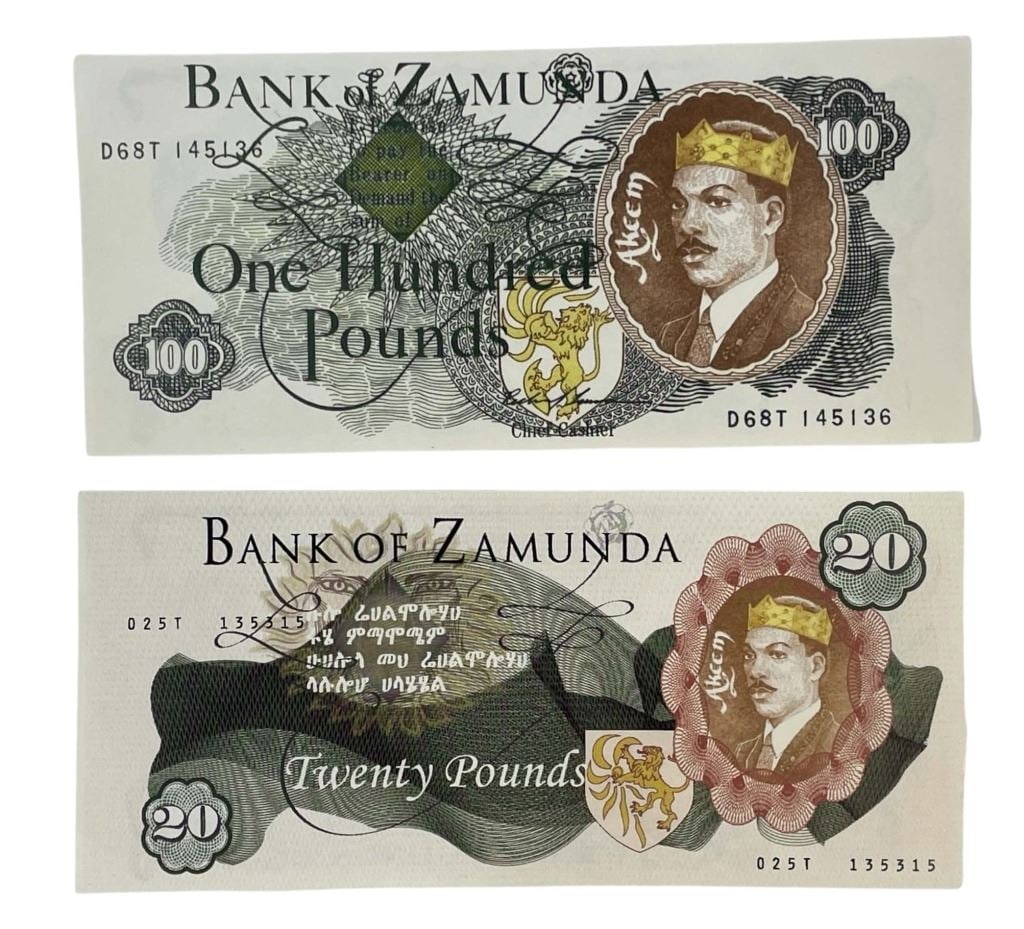 Coming 2 America (2021) - Bank of Zamunda Money: Coming 2 America (2021) - Bank of Zamunda Money.Original 20 and 100 pound bills from the Bank of Zamunda used in the production of the Craig Brewer directed comedy film 'Coming 2 America' (2021), wher
