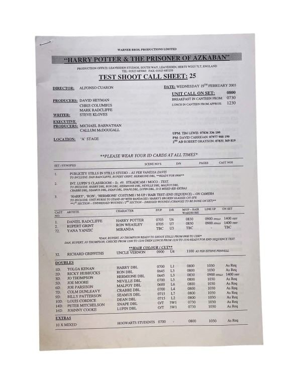 Harry Potter and the Prisoner of Azkaban (2004) - Test Call Sheet (1 of 2)