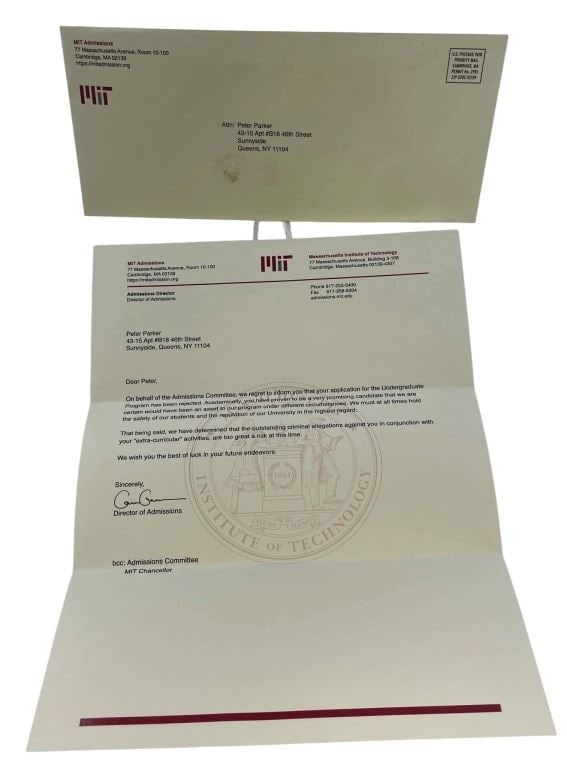 Spider-Man: No Way Home (2021) - Peter Parker MIT Rejection Letter: Spider-Man: No Way Home (2021) - Peter Parker MIT Rejection Letter.Original MIT rejection letter/envelope for "Peter Parker", played by Tom Holland used in the production of the Jon Watts directed