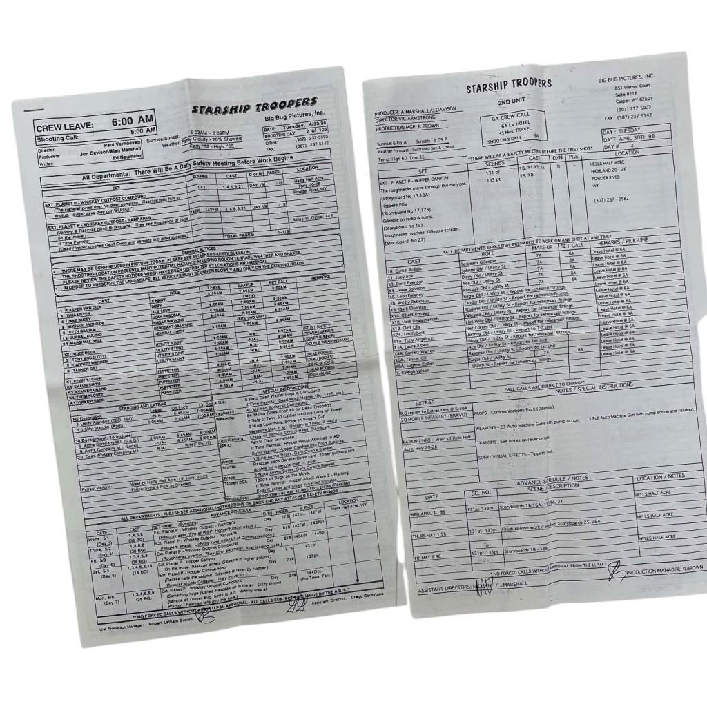 Starship Troopers (Phil Tippett Collection 1997) - Call Sheet Set (1 of 2)