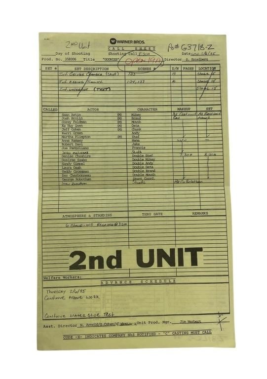 The Goonies (1985) - CallSheet (1 of 2)