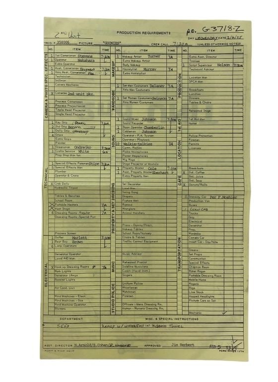 The Goonies (1985) - CallSheet - 2