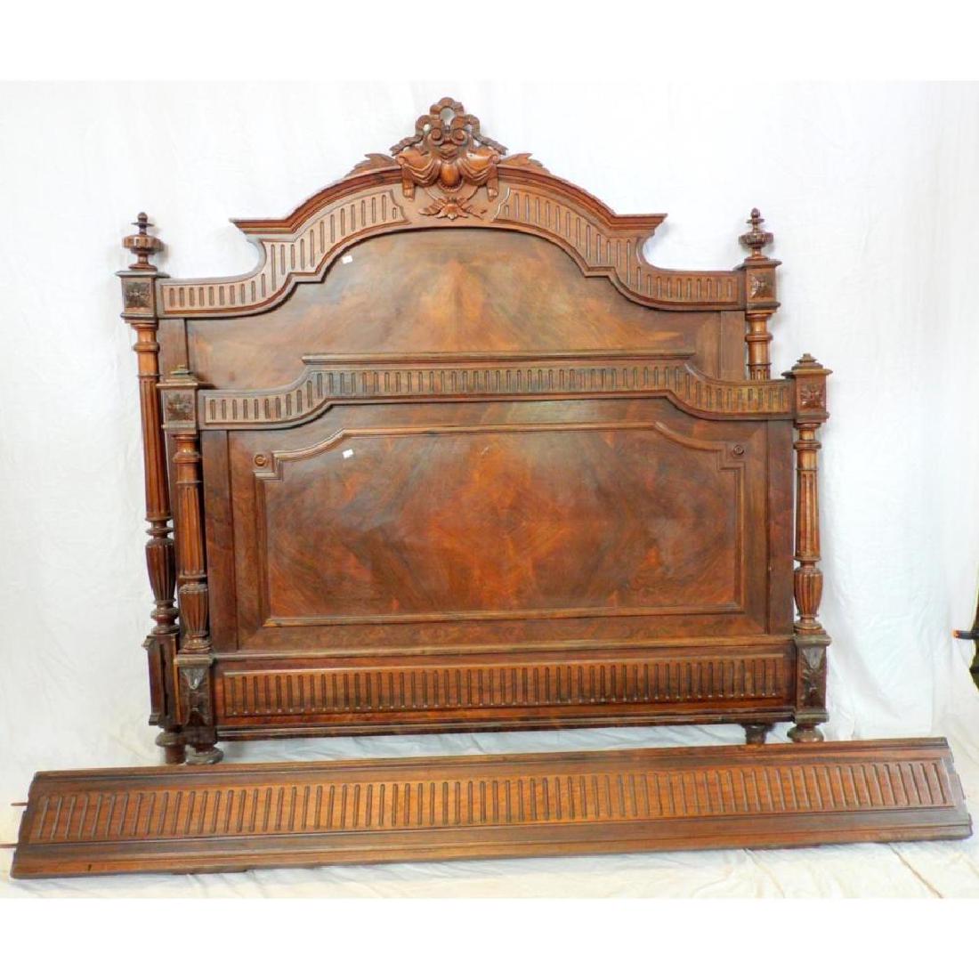 Antique French Louis XV Double Bed Frame Carved Walnut.: Antique French Louis XV Double Bed Frame Carved Walnut. Traditional Louis XV style featuring reeded panelling, large finials and a decorative crown or corniche. A lovely shaped headboard, footboard an