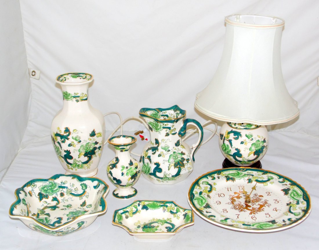 Masons Ironstone: Masons Ironstone 'Chartruse' Collection to Include: Large Snake Handled Jug. 2 x Vases 10 in. & 5.5 in. Table Lamp Working order. Wall Clock (Working). Fruit Bowl and Tray. (7 Items)