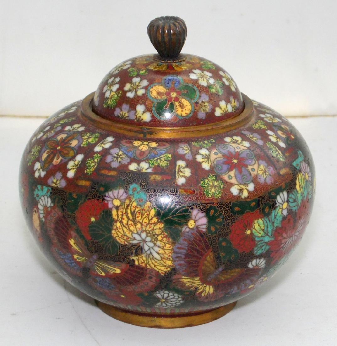 Good Antique Japanese Cloisonne Koro and Lid: Good Antique Japanese Cloisonne Koro and Lid from the Meiji Period. Circa 1900. This Japanese Koro has wonderful craftsmanship, with a variety of coloured enamel filling between brass wires. Height 8 