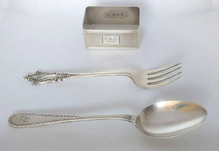 KG V Sterling Silver Job lot: KG V Sterling Silver Oblong Napkin Ring with Engine Turned Decoration by Sanders & Mavkenzie. Engraved F.N.H. 1928. Hallmarked Birmingham 1927 Also a teaspoon by William Suckling Hallmarked Birmingham