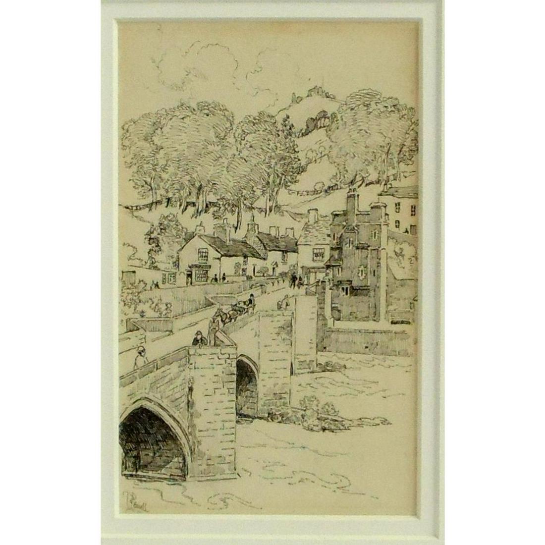 Signed JOSEPH PENNELL Pen/Ink Llangollen Bridge: Signed JOSEPH PENNELL (American1857-1926) Llangollen Bridge Original Pen & Ink. Circa 1890s. Signed J.Pennell lower left. Ebonised framed under glass. 19 x 15 inches.