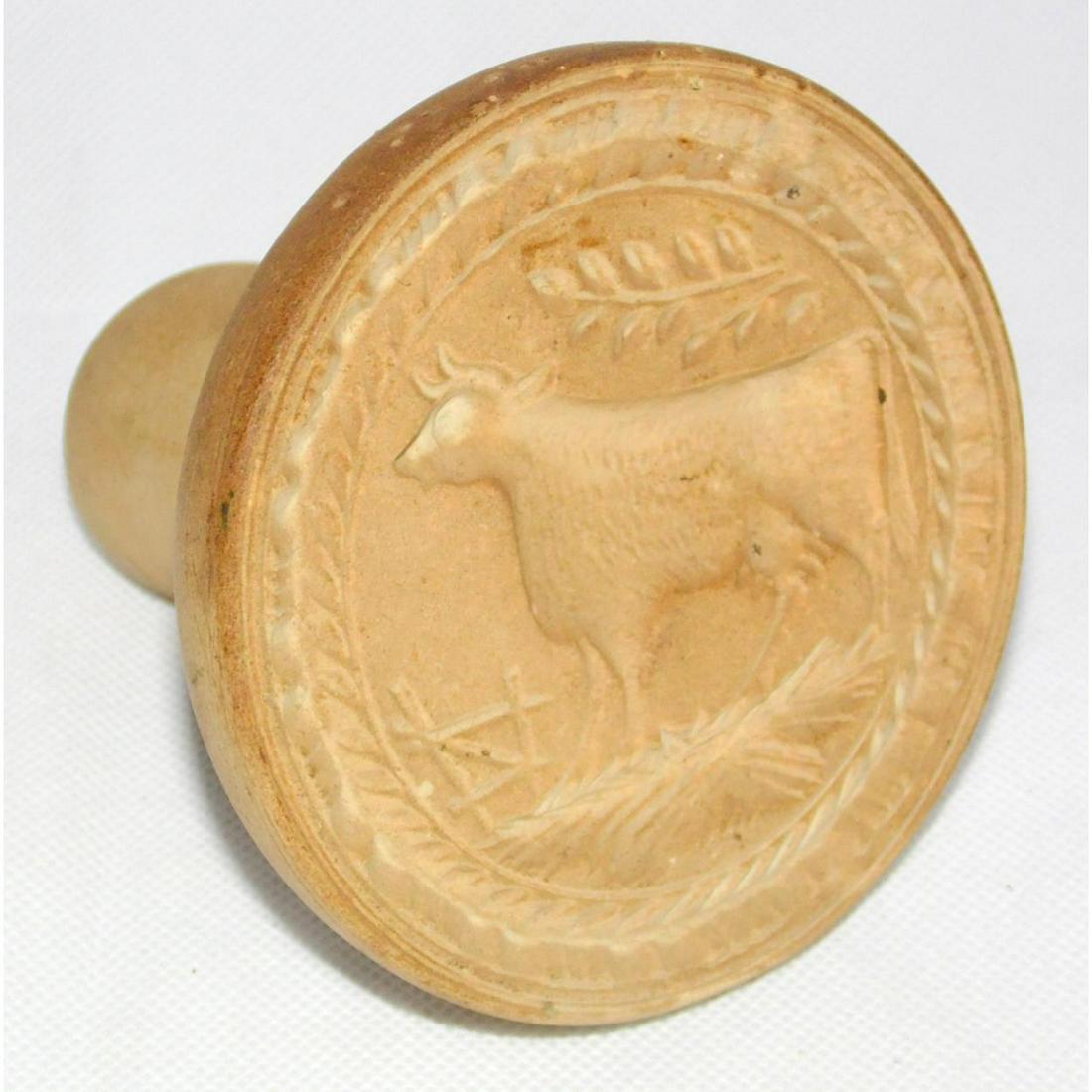Antique Buff Clay Pottery 'Cow' Butter Stamp. (1 of 2)