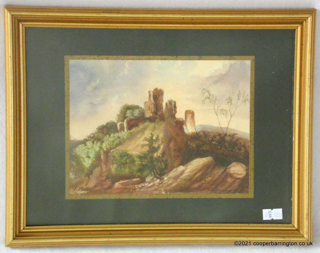 John Varley Watercolour Painting 'Crow Castle': John Varley (London 1778 â€“ 1842). English Watercolour Painting 'Crow Castle' Llangollen North Wales. Signed J.Varley lower left. Framed under glass 34 x 26.5 cm.
