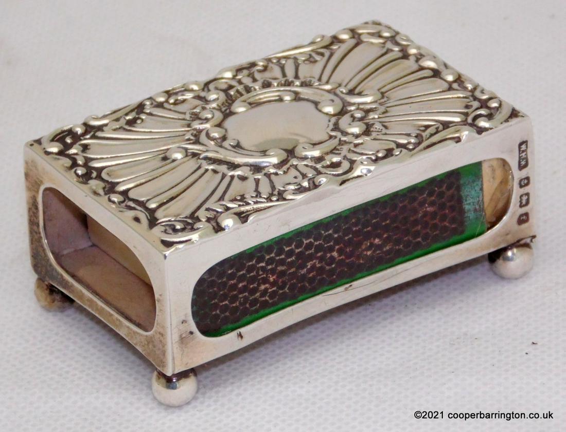 Edwardian Repousse Silver Match Box Holder: Edwardian Repousse Sterling Silver Desktop Match Box Holder on Ball Feet by William Harrison Walter. Hallmarked Birmingham 1905.