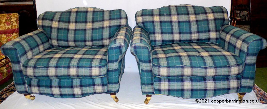 A Pair of Two Seat Settees Abraham Moon Upholstery: A Pair of Two Seat Settees Recently Recovered with Abraham Moon Blue Check Wool Fabric Costing £1500!!! Height 37 in. Width 53 in. Depth 38 in. (2 Items)