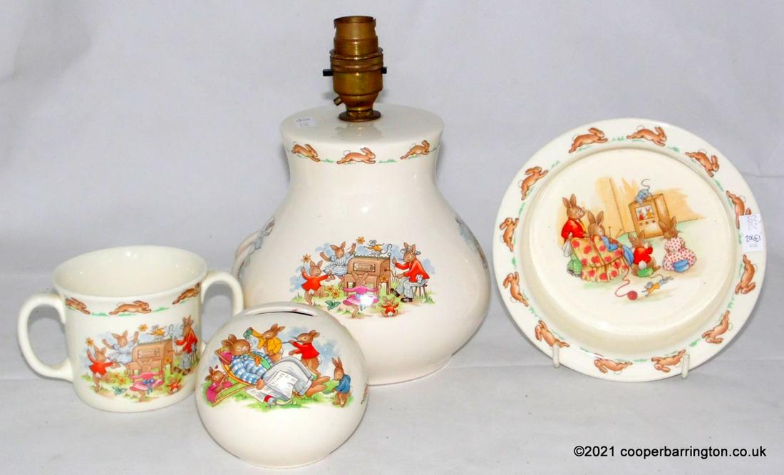 Vintage Royal Doulton Bunnykins Lamp Base Etc: Vintage Royal Doulton Bunnykins Lamp Base 'Sledging'. Loving Cup 'Organ Player. Sphere Money Box . Family Watching TV Television Bowl. (4 Items). 1st Quality.