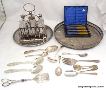 Collection of Antique and Vintage Silver Plate: Collection of Antique and Vintage Silver Plate to Include: Victorian Alfred Linley 6 Bottle Cruet Set. 6 Silce Toast Rack. Cased Set Butter Knives. Berry Spoons. Serving Trays.Etc. (17 items)